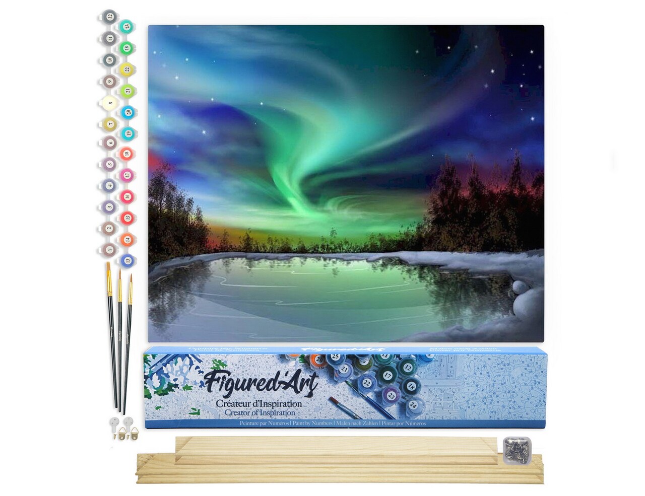 Figured'Art Paint by Numbers Kit for Adults Aurora borealis and Lake 16"x20" - Craft Art Painting Rolled Canvas with DIY wooden frame